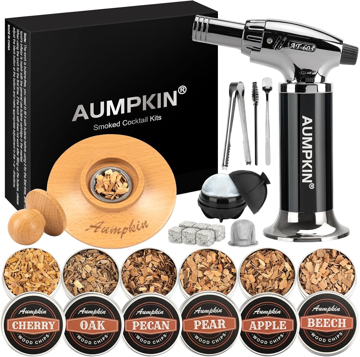 Cocktail Smoker Kit w/ Torch & 6 Wood Chip Flavors for Whiskey & Bourbon