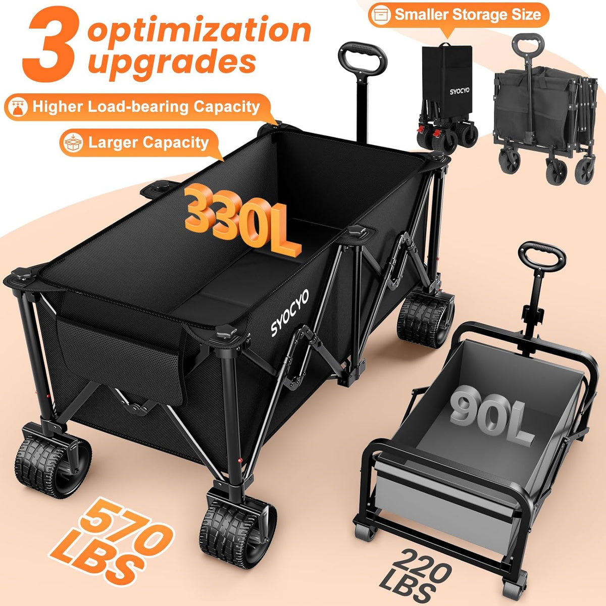 Foldable Beach Wagon Cart, Heavy Duty Collapsible Utility Wagon, Black