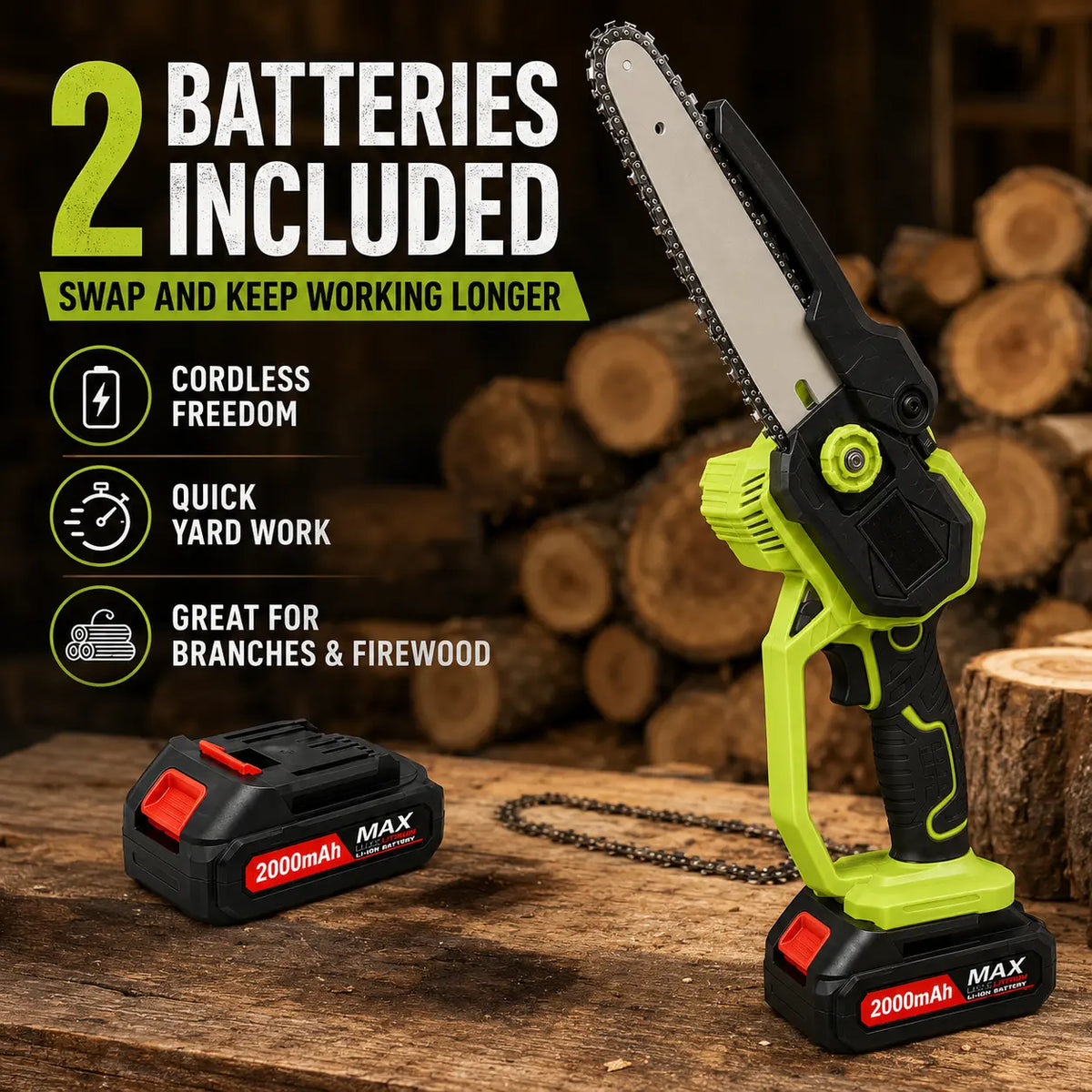 Cordless Mini Chainsaw Pruning Saw with 2 Batteries, Charger, Case and Extra Chain