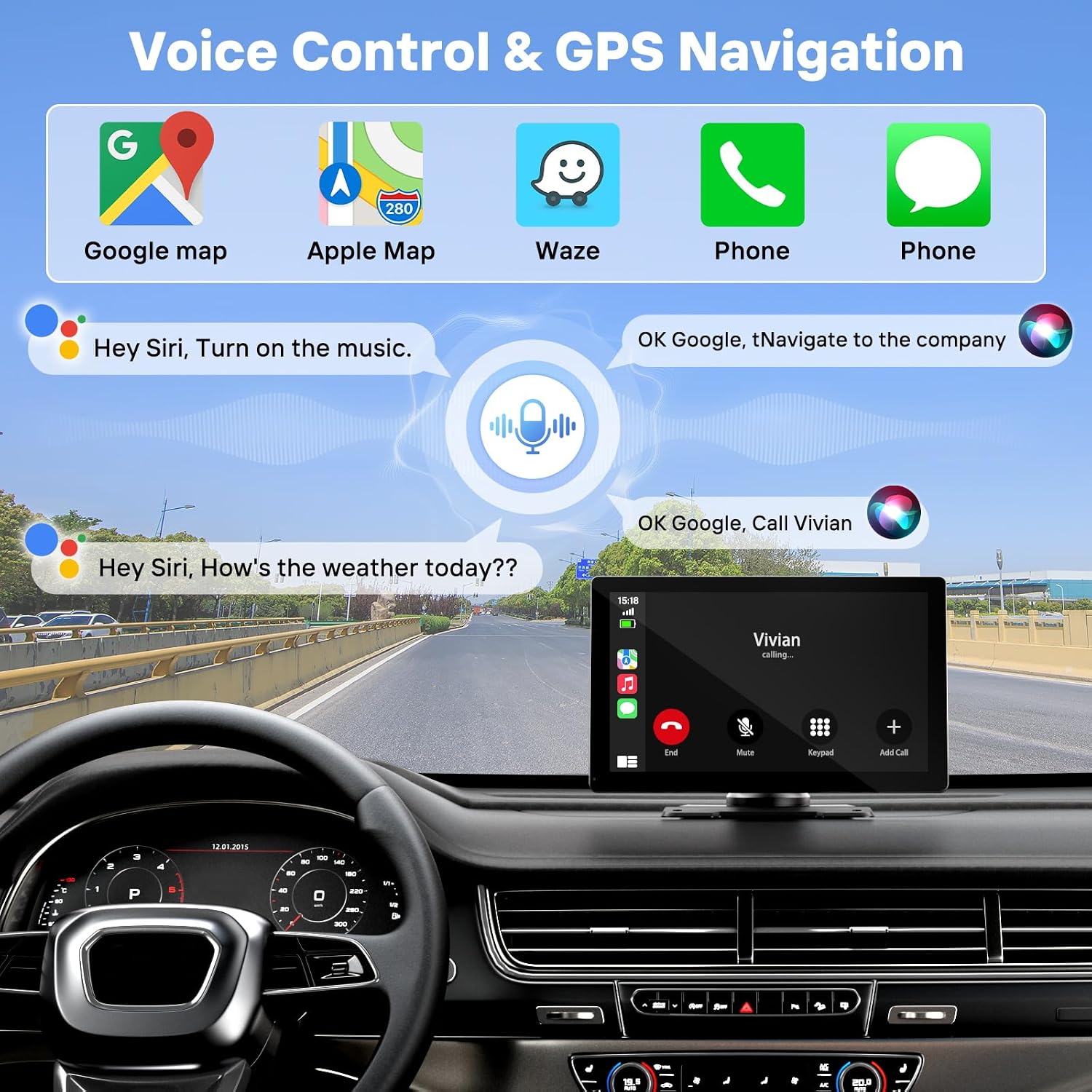9 in Wireless CarPlay Screen, Portable Touchscreen w/ Android Auto & Camera