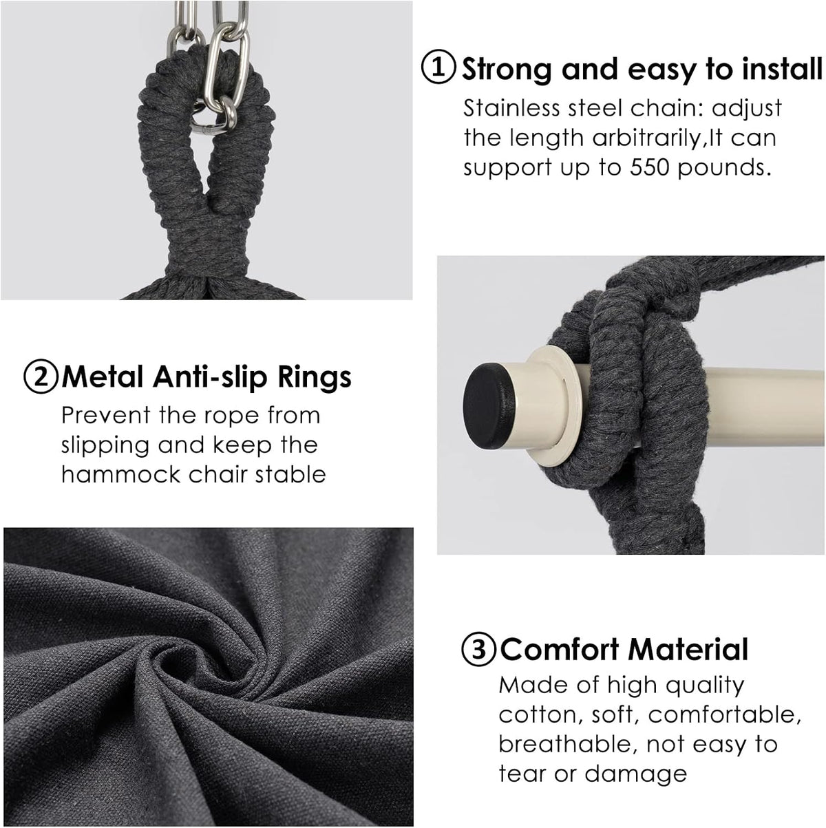 Hammock Chair Swing, Hanging Rope Seat w/ Cushions, Dark Grey