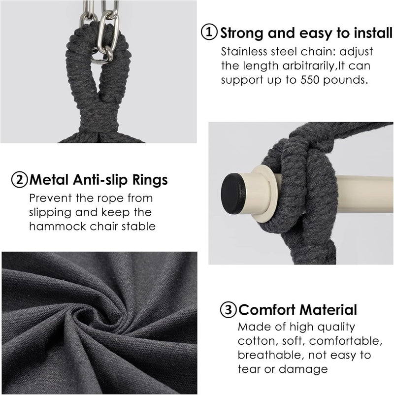 Hammock Chair Swing, Hanging Rope Seat w/ Cushions, Dark Grey