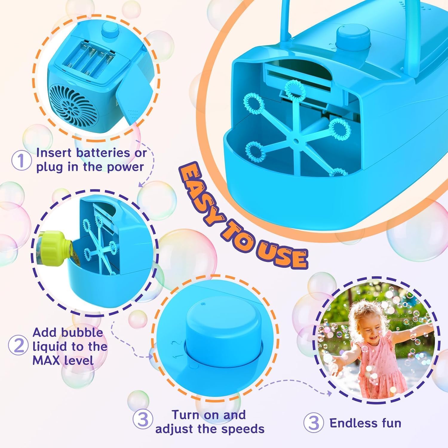 ubble Machine for Kids, High Output Bubble Maker Blower for Parties, Blue