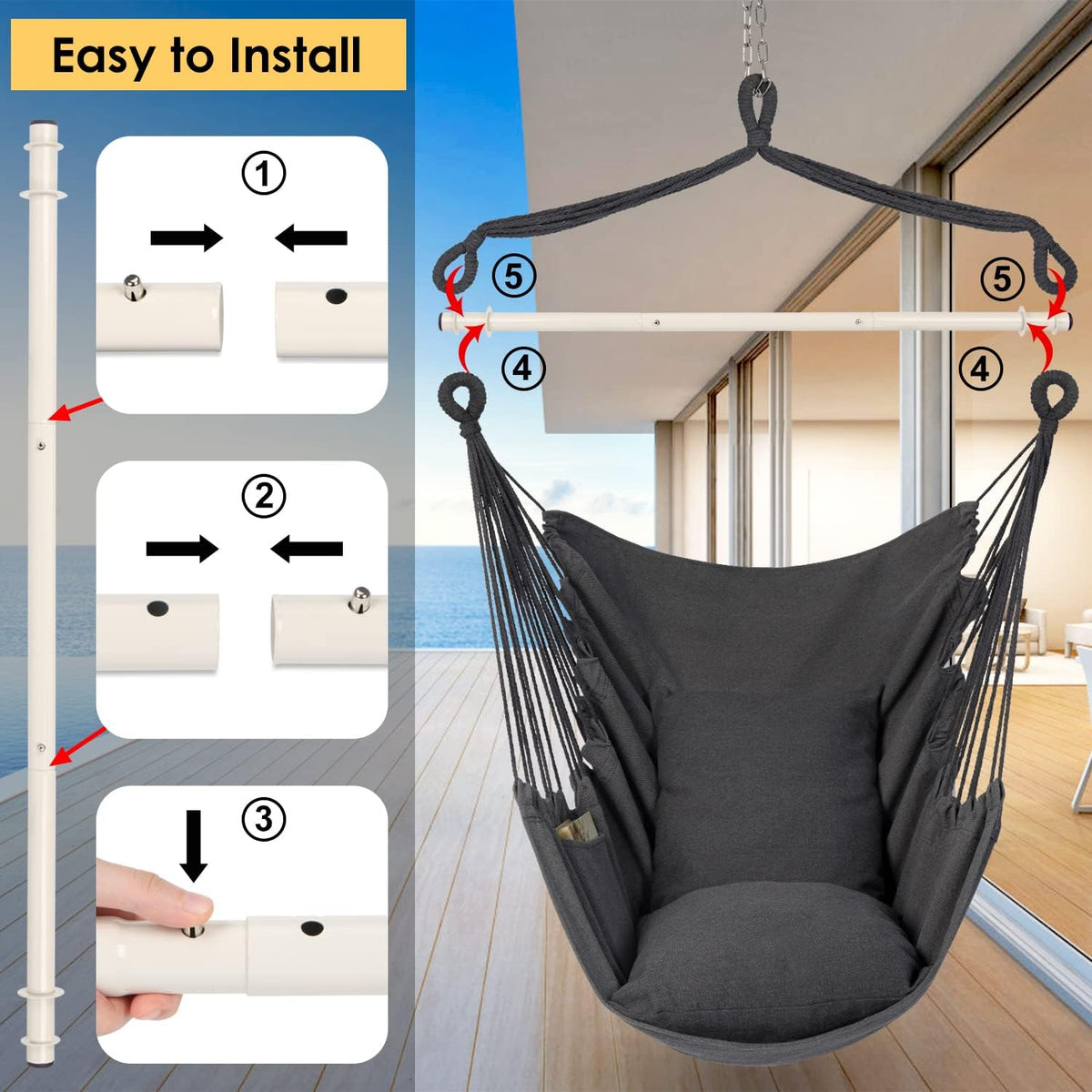 Hammock Chair Swing, Hanging Rope Seat w/ Cushions, Dark Grey