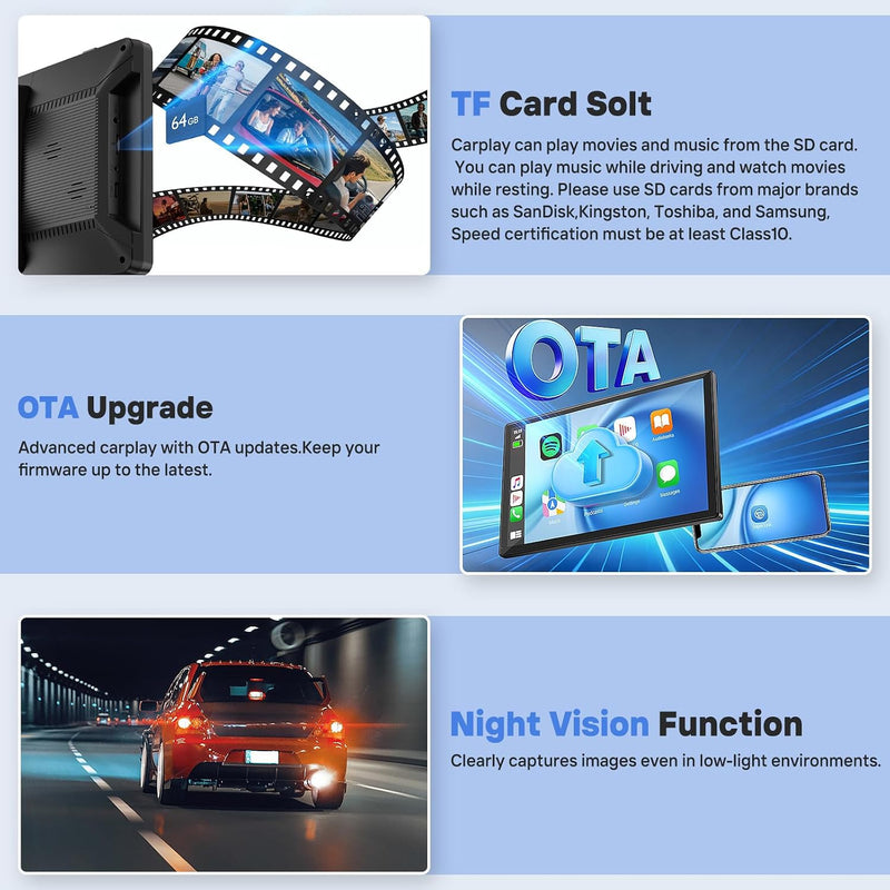 9 in Wireless CarPlay Screen, Portable Touchscreen w/ Android Auto & Camera