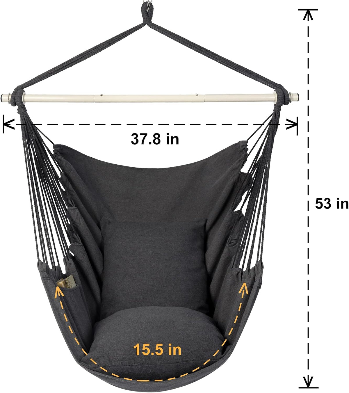 Hammock Chair Swing, Hanging Rope Seat w/ Cushions, Dark Grey