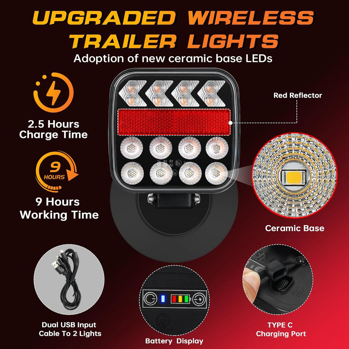 Wireless Magnetic Trailer Light Kit, Rechargeable LED Tow Tail Lights