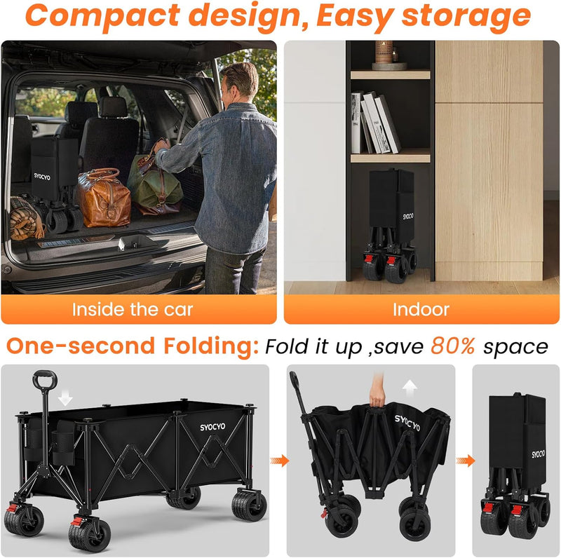 Foldable Beach Wagon Cart, Heavy Duty Collapsible Utility Wagon, Black