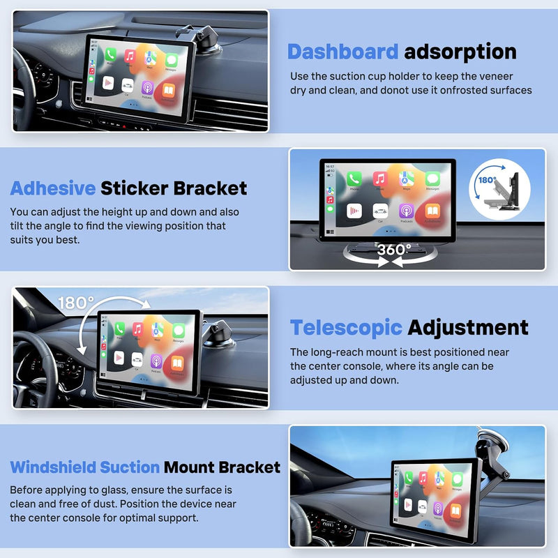 9 in Wireless CarPlay Screen, Portable Touchscreen w/ Android Auto & Camera
