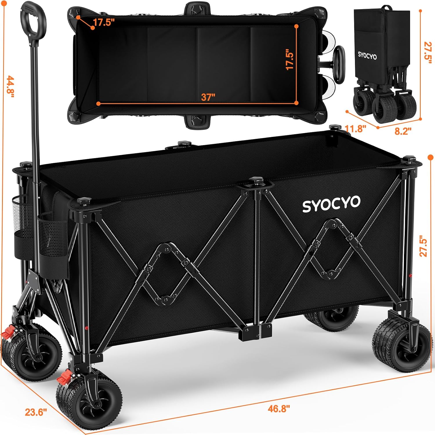 Foldable Beach Wagon Cart, Heavy Duty Collapsible Utility Wagon, Black