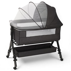 3 in 1 Baby Bassinet Bedside Sleeper with Wheels, Mosquito Net, Foldable Crib, Dark Grey