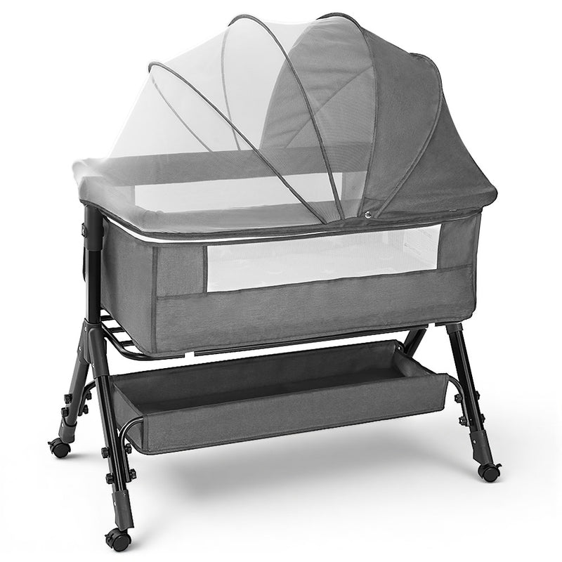 3 in 1 Baby Bassinet Bedside Sleeper with Wheels, Mosquito Net, Foldable Crib, Dark Grey