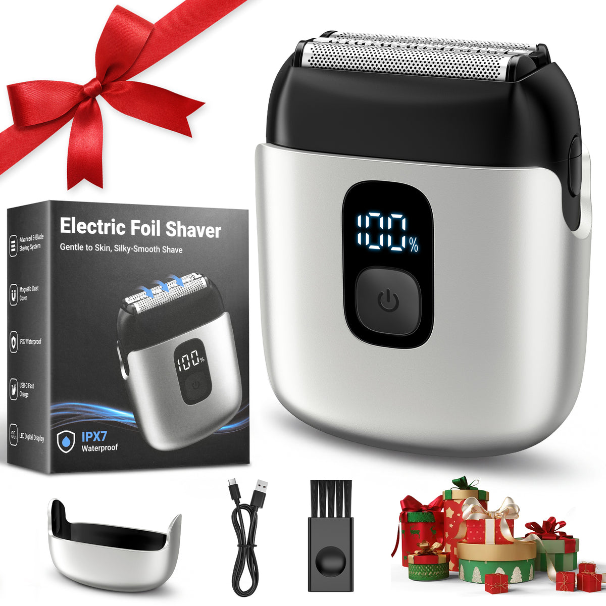 Mini Electric Foil Shaver with LED Display, Wet/Dry IPX7 Waterproof, USB-C Rechargeable - Black