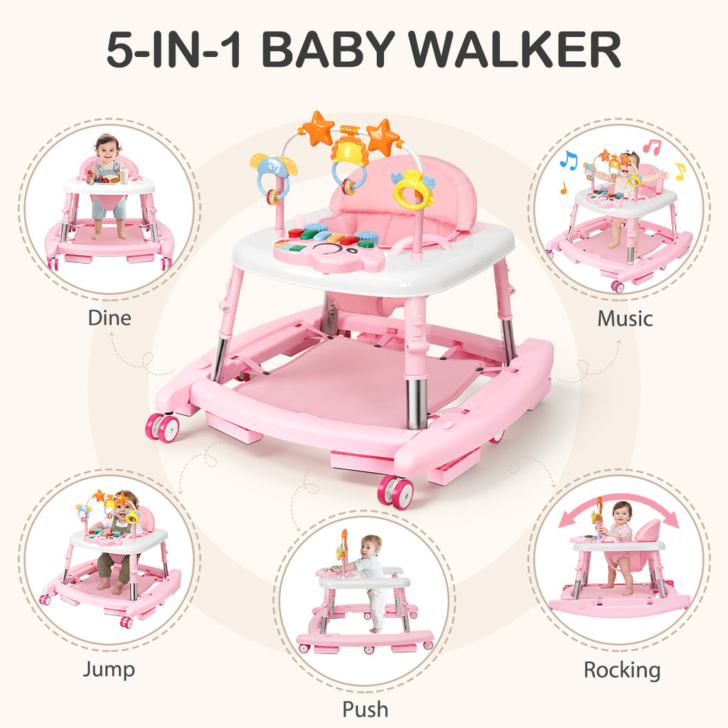 5-in-1 Music and Lights Baby Walker Foldable with 5 Adjustable Heights, Baby Walker with Wheels and Bouncer Combo Portable, Infant Toddler Walker for Baby Boy Girls 6-18 Months
