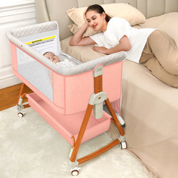 Baby Bassinet Bedside Sleeper, 6 Heights, Cradle Mode, Wheels, Foldable Crib with Mattress