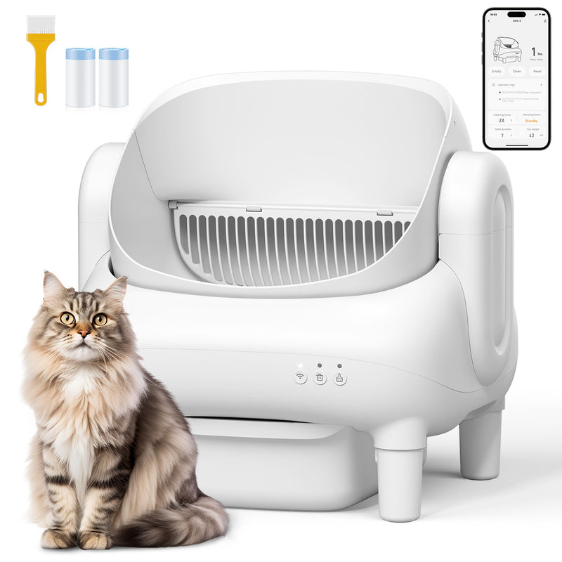 Cumrige E Self Cleaning Litter Box,Large Capacity Automatic Cat Litter Box Self Cleaning for Multiple Cats with App Control and Safety Protection,2 Roll Litter Bags,White