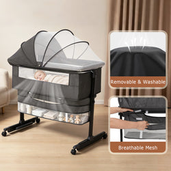 Baby Bassinet Sleeper, 6 Height Adjustable Cribs, Easy to Fold Portable Crib Side Bassinet, Swing Cradle Bed Side Sleeper with Ventilated NetWith Wheels