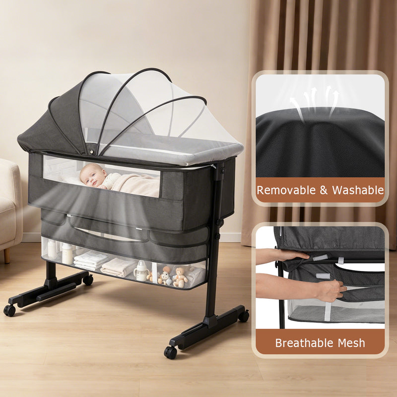 Baby Bassinet Sleeper, 6 Height Adjustable Cribs, Easy to Fold Portable Crib Side Bassinet, Swing Cradle Bed Side Sleeper with Ventilated NetWith Wheels