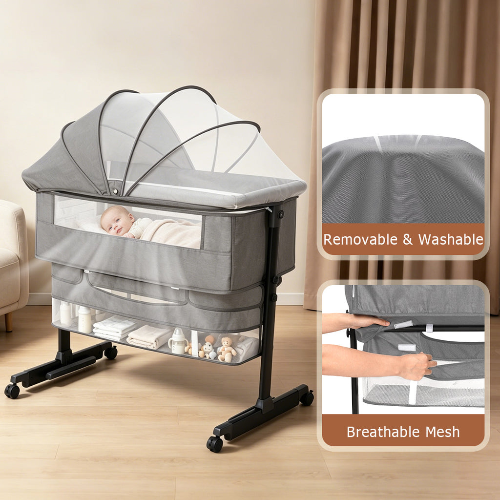Kmaier Baby Bassinet 3 in 1 Foldable Portable Crib,6 Adjustable Height,with Wheels,Baby Bassinet Rocking-Dark Grey