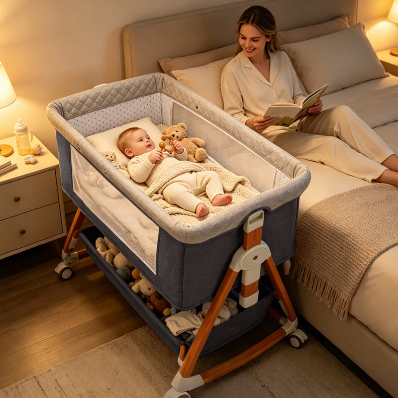 Baby Bassinet, Crib for Infant and Newborn, Bedside Sleeper with Storage Basket and Mosquito Net, Easy to Fold, Height Adjustable, Portable Side Bed Crib