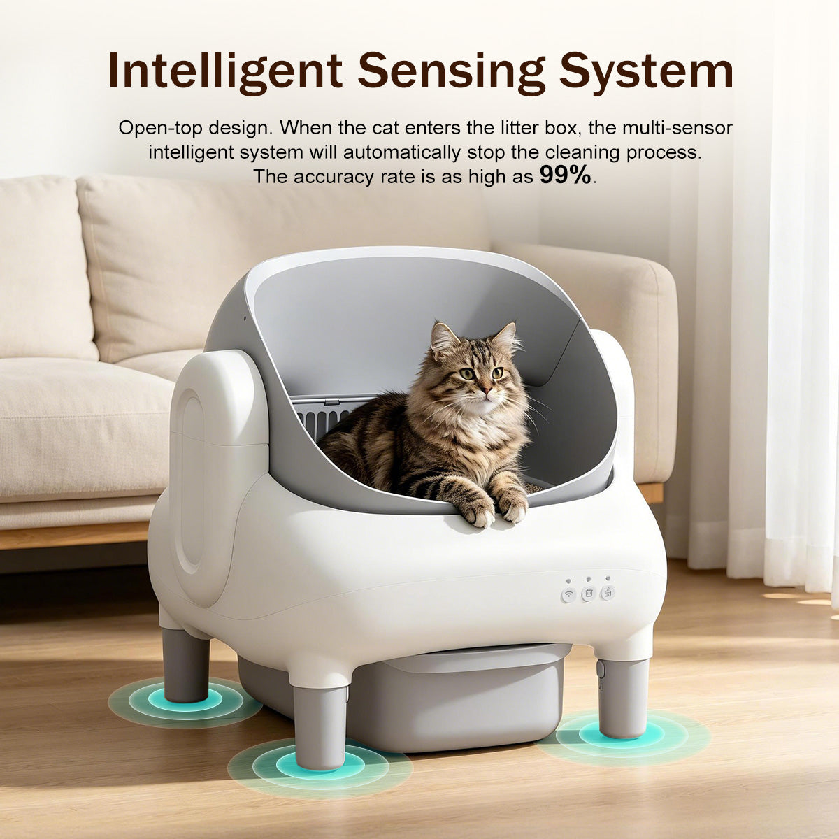 Automatic Litter Box,Open Top Self Cleaning Litter Box with App Control for Multiple Cats, Safety Sensors Protection, Odor Control Includes 2 roll Liners,Large Waste Bin, Cream White