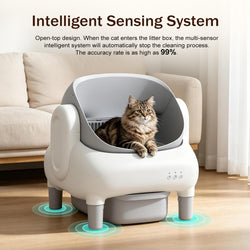 Automatic Litter Box,Open Top Self Cleaning Litter Box with App Control for Multiple Cats, Safety Sensors Protection, Odor Control Includes 2 roll Liners,Large Waste Bin, Cream White