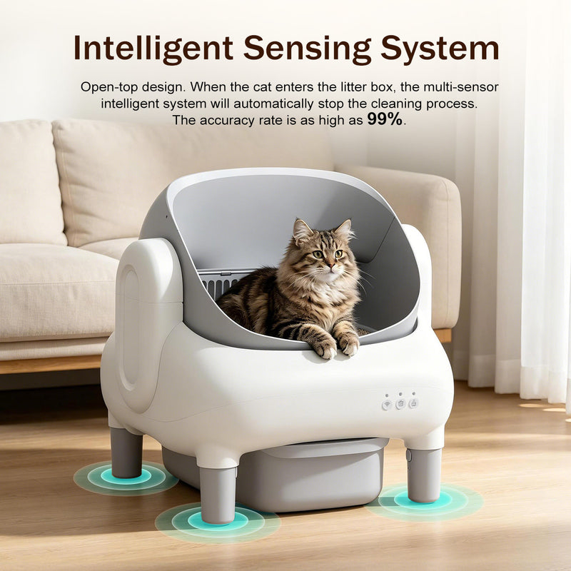 Automatic Litter Box,Open Top Self Cleaning Litter Box with App Control for Multiple Cats, Safety Sensors Protection, Odor Control Includes 2 roll Liners,Large Waste Bin, Cream White