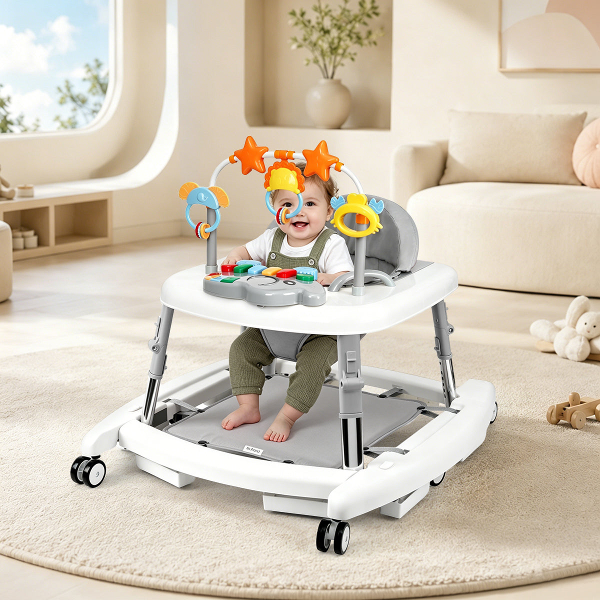 5-in-1 Music and Lights Baby Walker Foldable with 5 Adjustable Heights, Baby Walker with Wheels and Bouncer Combo Portable, Infant Toddler Walker for Baby Boy Girls 6-18 Months