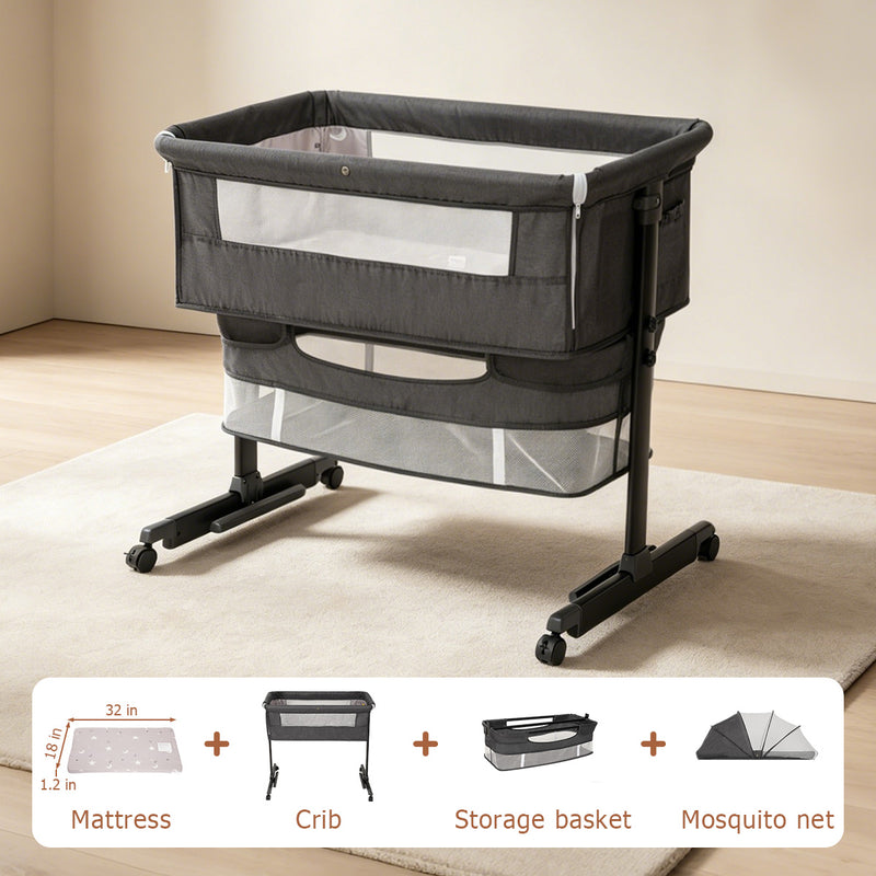 Baby Bassinet Sleeper, 6 Height Adjustable Cribs, Easy to Fold Portable Crib Side Bassinet, Swing Cradle Bed Side Sleeper with Ventilated NetWith Wheels