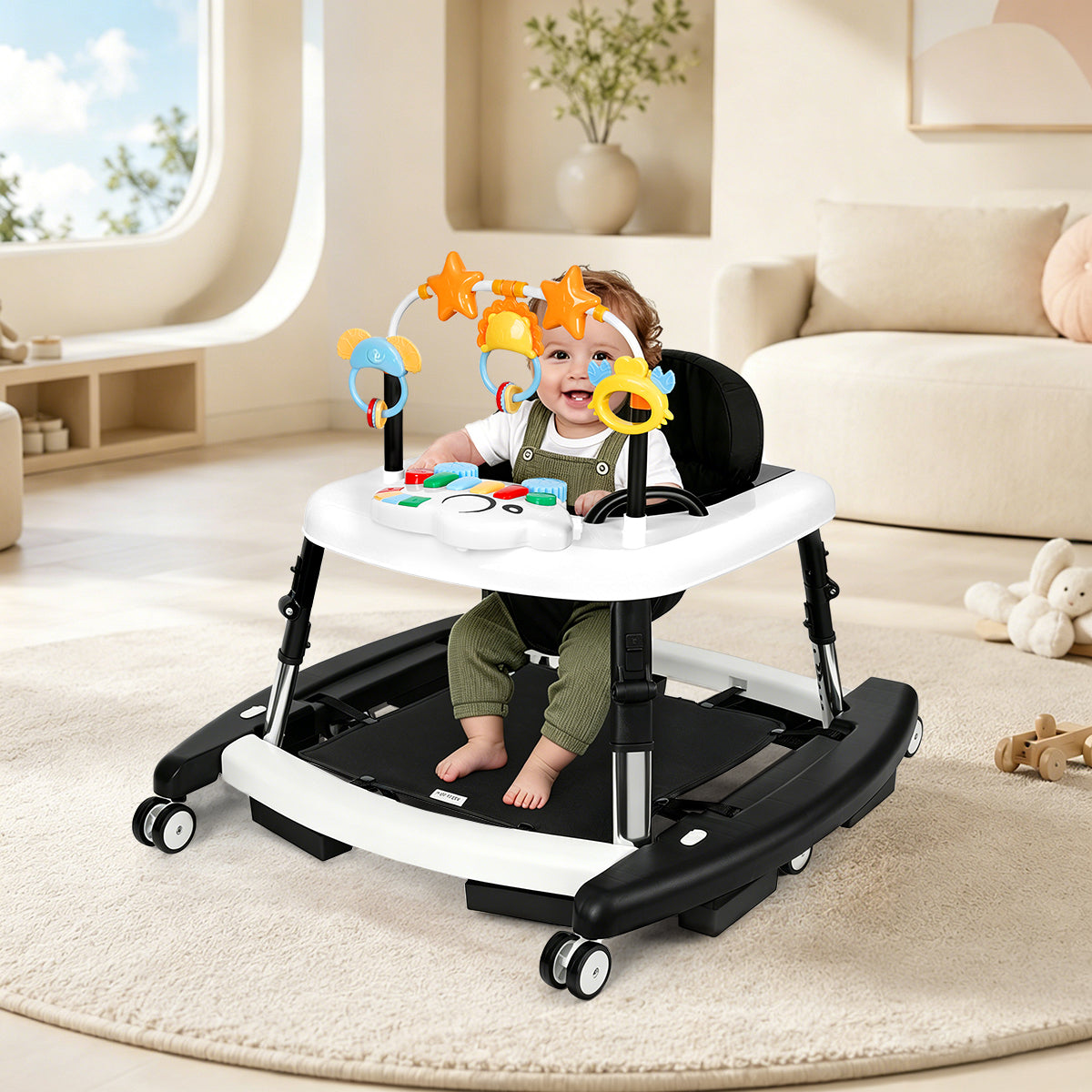 5-in-1 Music and Lights Baby Walker Foldable with 5 Adjustable Heights, Baby Walker with Wheels and Bouncer Combo Portable, Infant Toddler Walker for Baby Boy Girls 6-18 Months