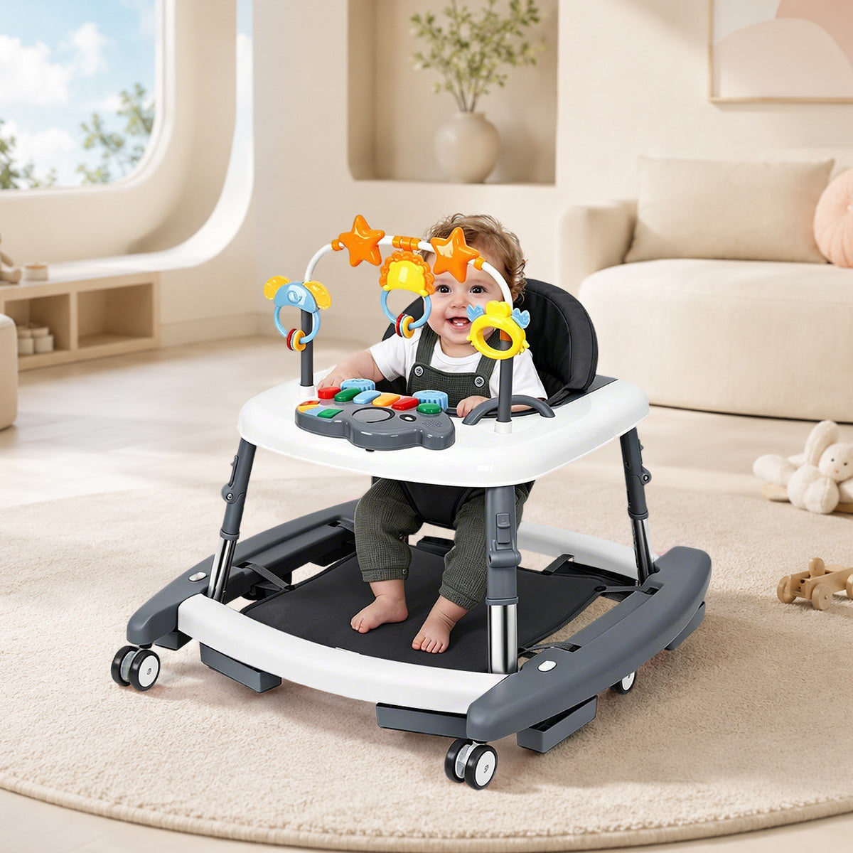 5-in-1 Music and Lights Baby Walker Foldable with 5 Adjustable Heights, Baby Walker with Wheels and Bouncer Combo Portable, Infant Toddler Walker for Baby Boy Girls 6-18 Months