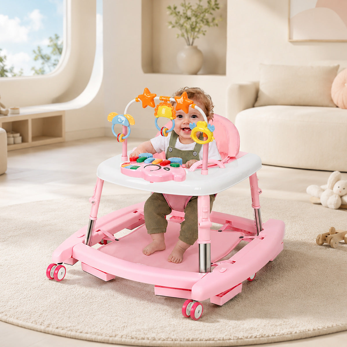 5-in-1 Music and Lights Baby Walker Foldable with 5 Adjustable Heights, Baby Walker with Wheels and Bouncer Combo Portable, Infant Toddler Walker for Baby Boy Girls 6-18 Months
