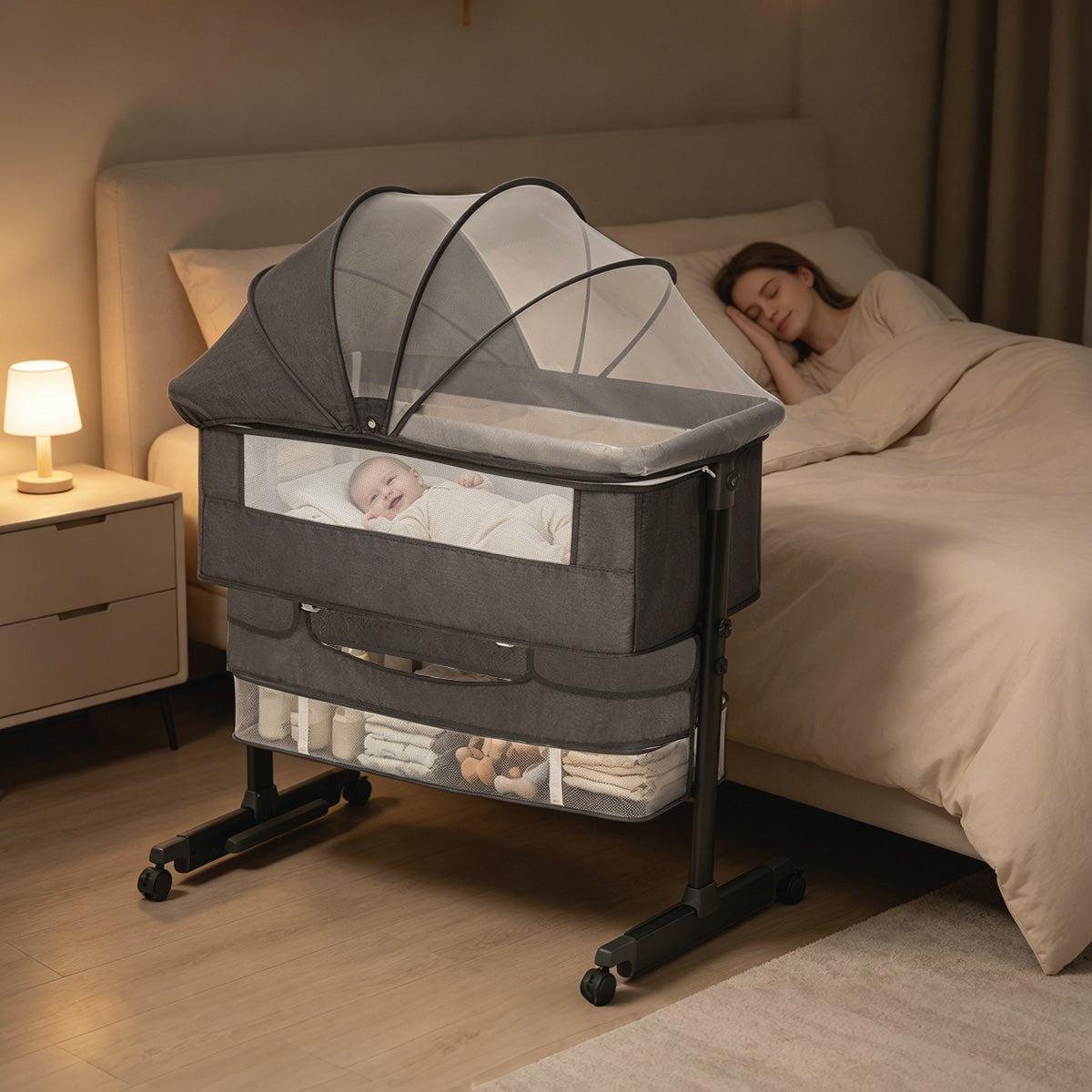 Baby Bassinet Sleeper, 6 Height Adjustable Cribs, Easy to Fold Portable Crib Side Bassinet, Swing Cradle Bed Side Sleeper with Ventilated NetWith Wheels