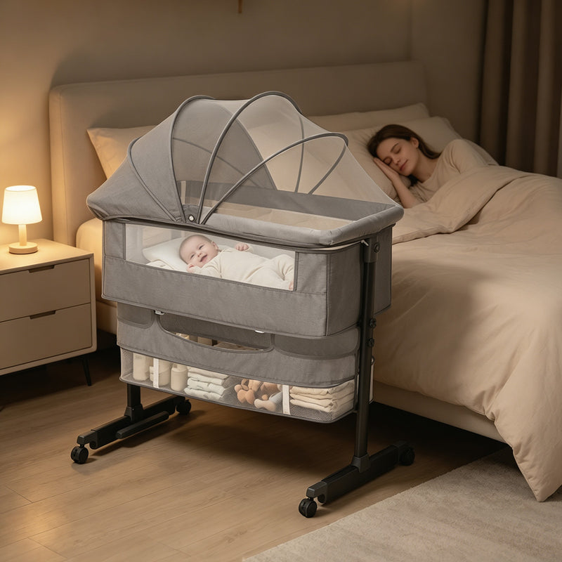 Kmaier Baby Bassinet 3 in 1 Foldable Portable Crib,6 Adjustable Height,with Wheels,Baby Bassinet Rocking-Dark Grey