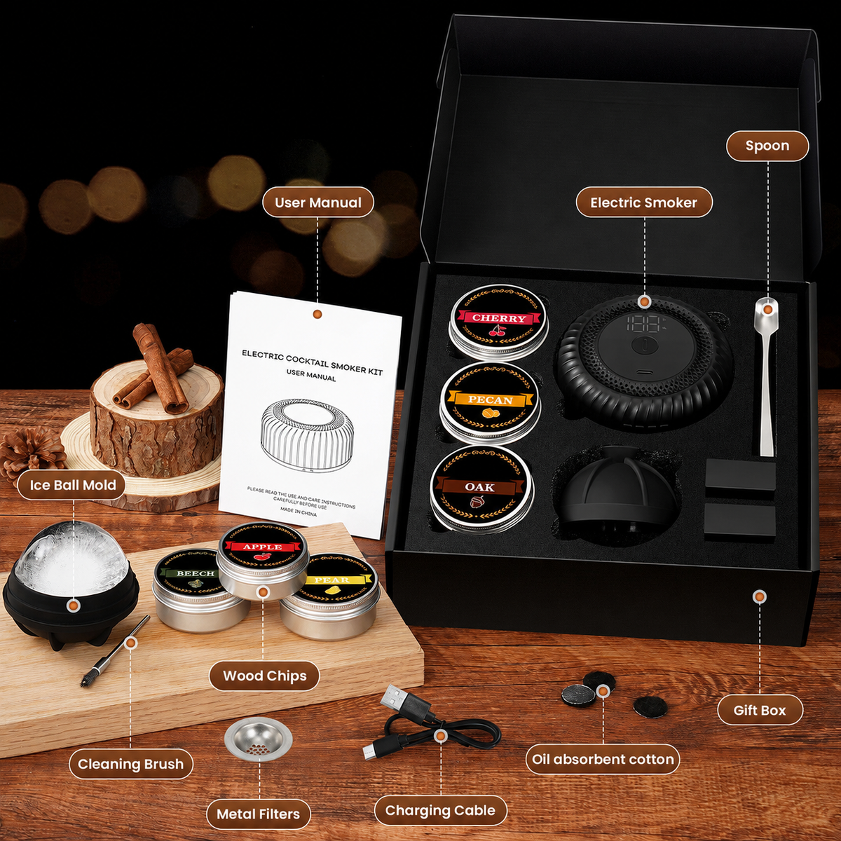 Cocktail Smoker Kit w/ Torch & 6 Wood Chip Flavors for Whiskey & Bourbon