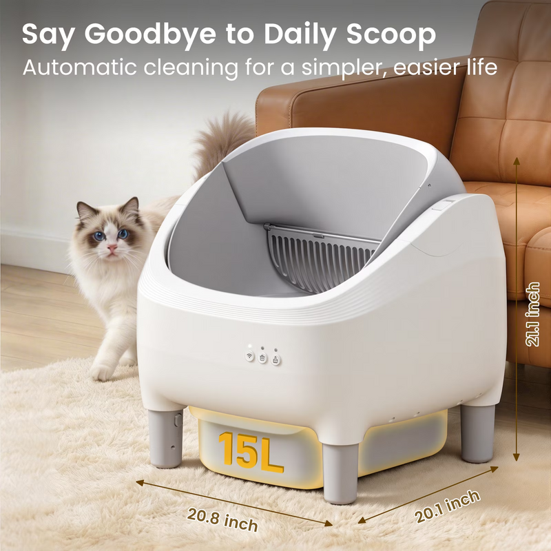 Self Cleaning Litter Box, 95 L Automatic Cat Litter Box Self Cleaning for Multiple Cats, with Safety Protection, App Control,1 Roll Garbage Bags,White & Grey