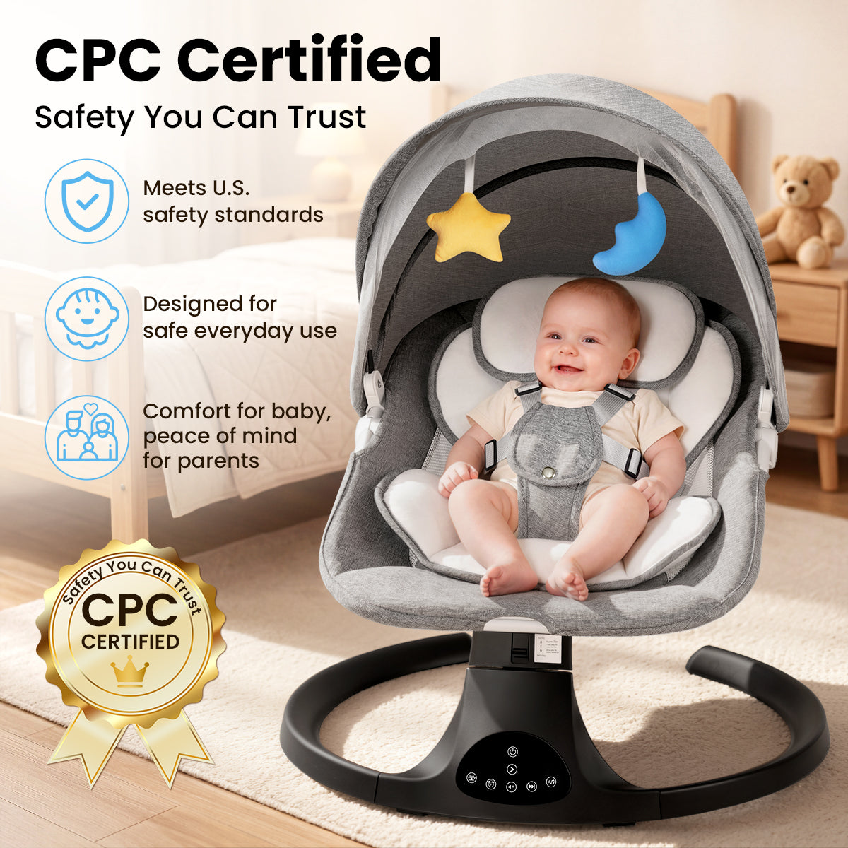 Baby Electric Bassinet, Baby Rocker, 5 Speed And 10 Lullabies, Baby Bouncer,Adapter And Battery Powered, For Indoor And Outdoor Use, Remote Control