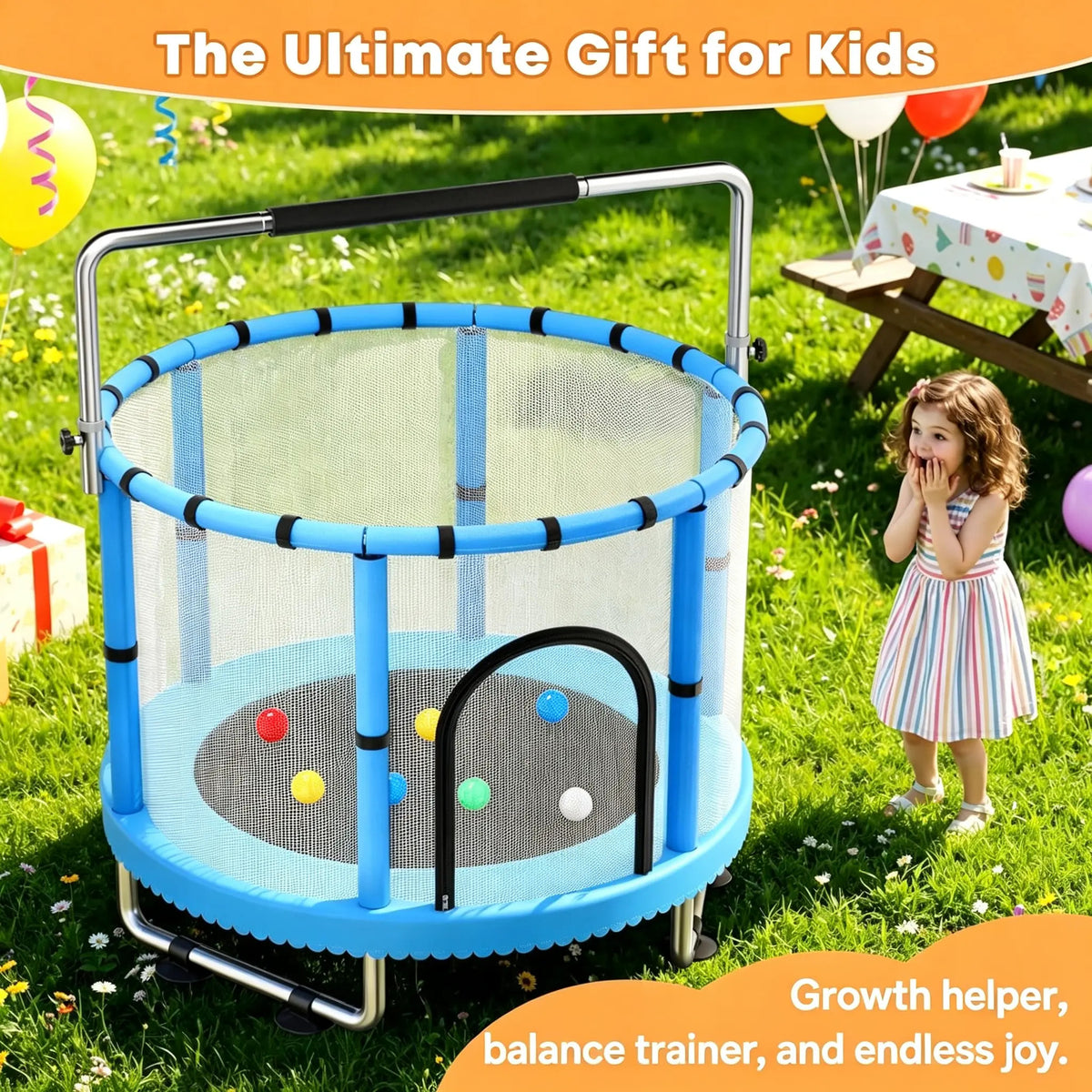 Toddler Trampoline for Kids, 440lbs Kids Trampoline with Net, Trampoline Indoor Outdoor playset with Adjustable Gymnastics Bar, Easy Assembly