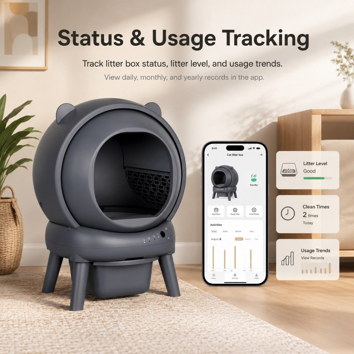 Cumrige Self Cleaning Automatic Cat Litter Box for Multiple Cats with Smart App Control, Safety Sensors, Odor Control & Quiet Operation - Gray