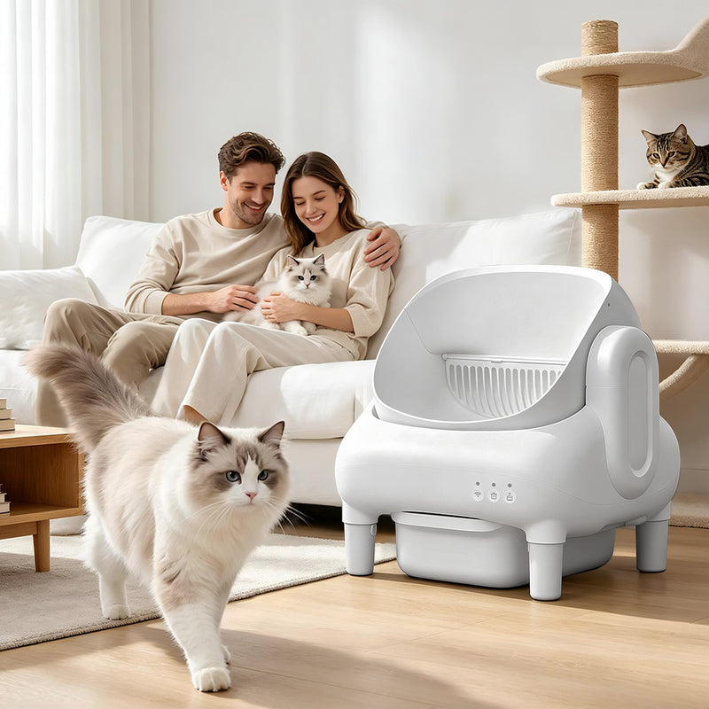 Cumrige E Self Cleaning Litter Box,Large Capacity Automatic Cat Litter Box Self Cleaning for Multiple Cats with App Control and Safety Protection,2 Roll Litter Bags,White