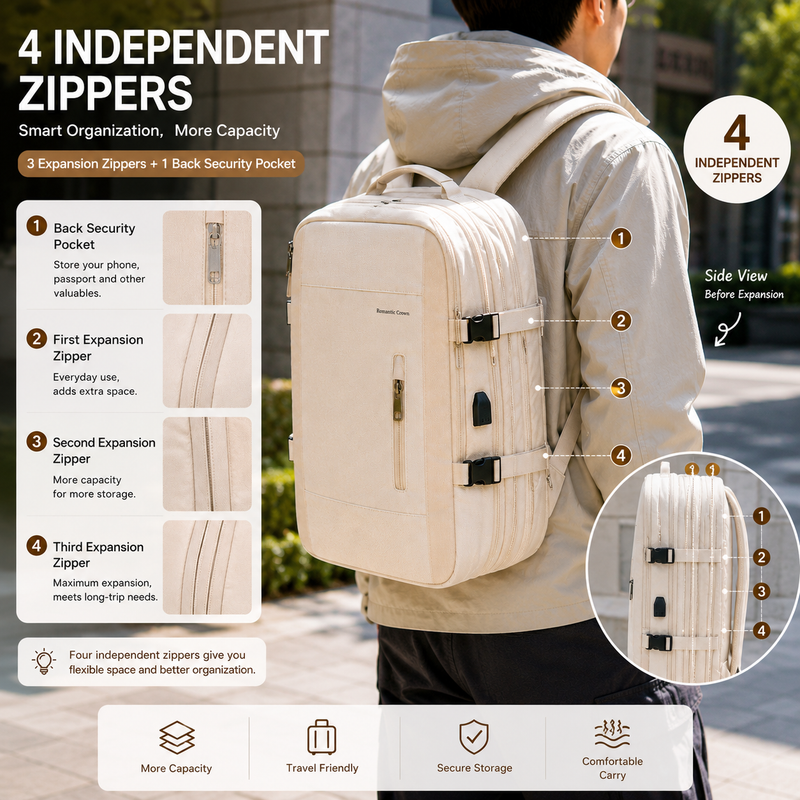 Large Capacity Expandable Carry-On Travel Backpack with USB Port and Luggage Sleeve