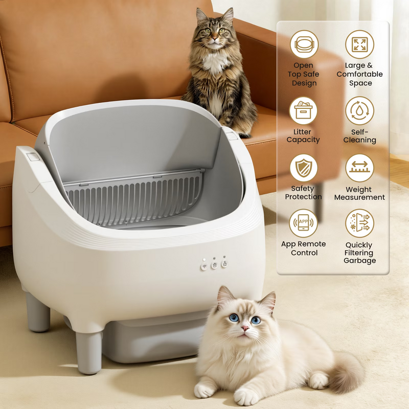 Self Cleaning Litter Box, 95 L Automatic Cat Litter Box Self Cleaning for Multiple Cats, with Safety Protection, App Control,1 Roll Garbage Bags,White & Grey