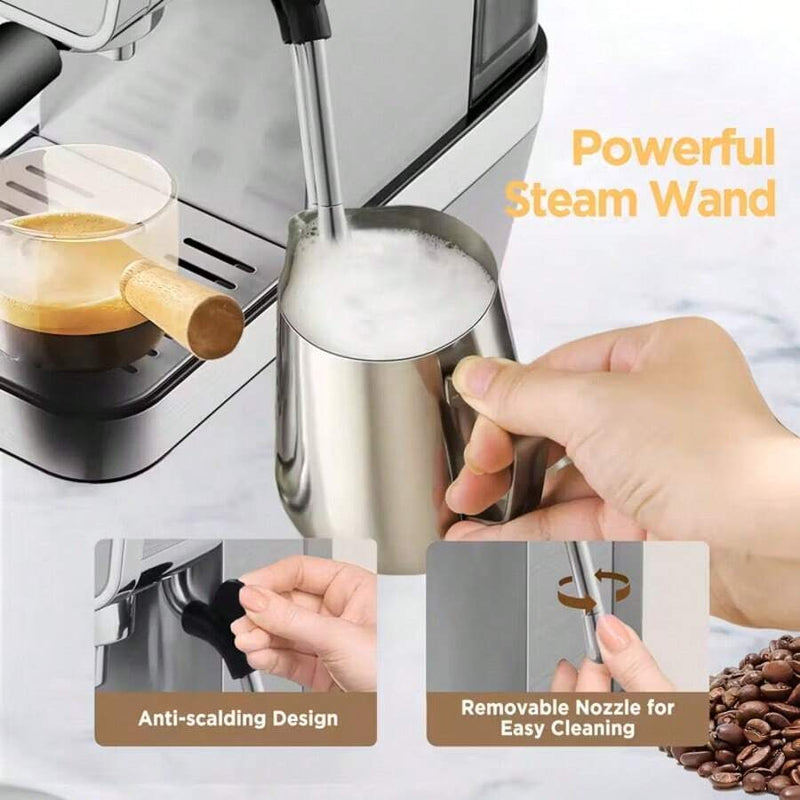 Espresso Machine 20 Bar, Compact Espresso Maker, Stainless Steel Expresso Coffee Machines with Steam Milk Frother & 34oz Removable Water Tank for Home Latte, Cappuccino, Silver