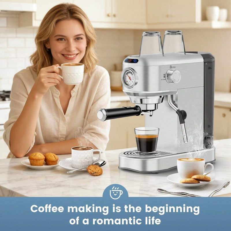Espresso Machine 20 Bar, Compact Espresso Maker, Stainless Steel Expresso Coffee Machines with Steam Milk Frother & 34oz Removable Water Tank for Home Latte, Cappuccino, Silver