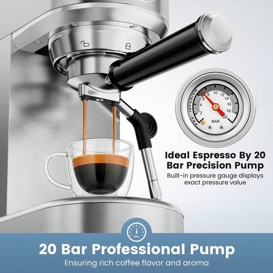 Espresso Machine 20 Bar, Compact Espresso Maker, Stainless Steel Expresso Coffee Machines with Steam Milk Frother & 34oz Removable Water Tank for Home Latte, Cappuccino, Silver