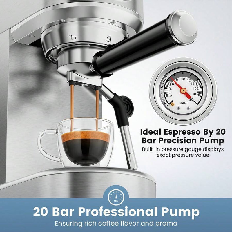 Espresso Machine 20 Bar, Compact Espresso Maker, Stainless Steel Expresso Coffee Machines with Steam Milk Frother & 34oz Removable Water Tank for Home Latte, Cappuccino, Silver