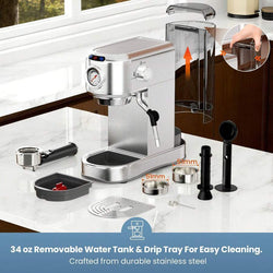 Espresso Machine 20 Bar, Compact Espresso Maker, Stainless Steel Expresso Coffee Machines with Steam Milk Frother & 34oz Removable Water Tank for Home Latte, Cappuccino, Silver
