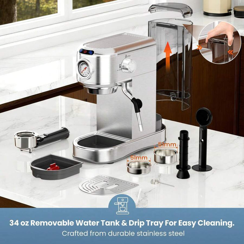 Espresso Machine 20 Bar, Compact Espresso Maker, Stainless Steel Expresso Coffee Machines with Steam Milk Frother & 34oz Removable Water Tank for Home Latte, Cappuccino, Silver