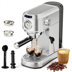 Espresso Machine 20 Bar, Compact Espresso Maker, Stainless Steel Expresso Coffee Machines with Steam Milk Frother & 34oz Removable Water Tank for Home Latte, Cappuccino, Silver