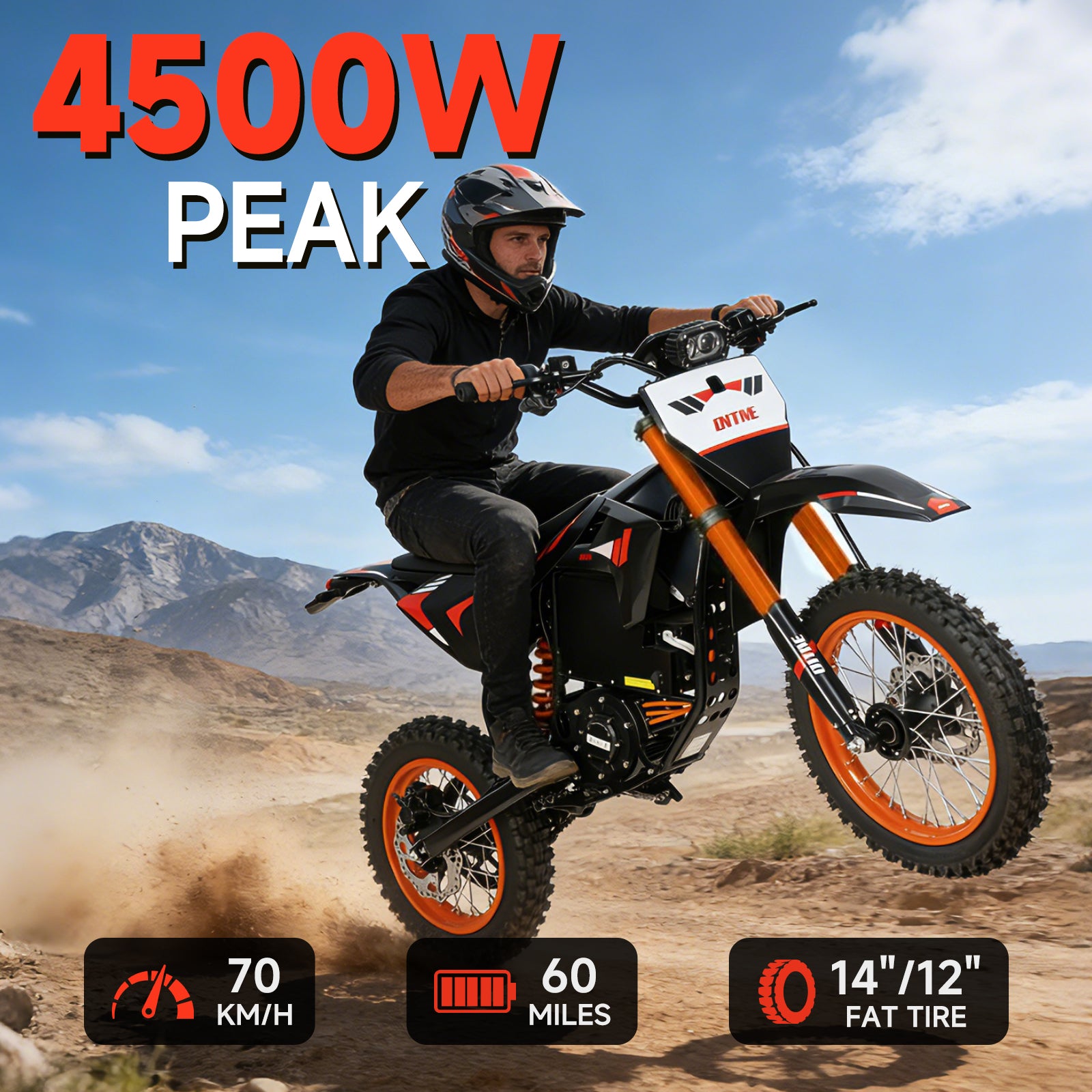 4500W 60V Electric Dirt Bike for Adults with 28.8Ah Battery, Full Suspension and 14"/12" Off-Road Tires